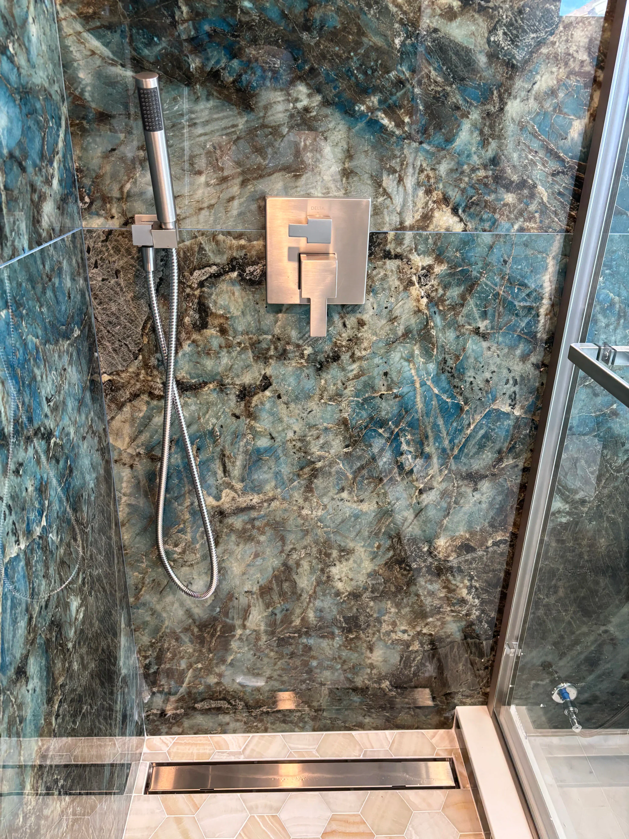 Blue Marble Shower Front View